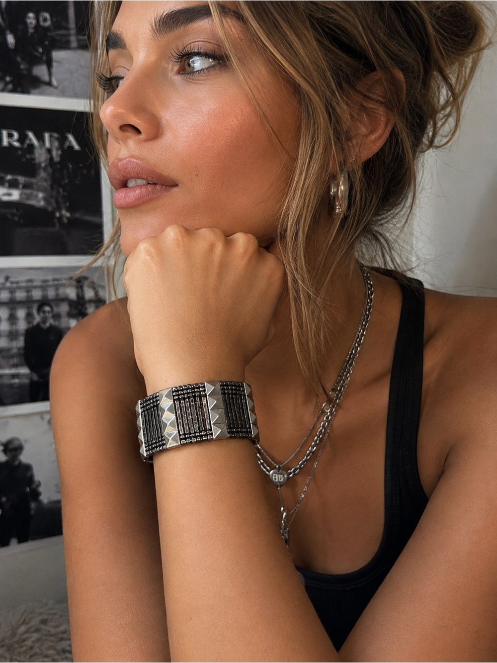 Silver-Tone Pyramid Stud Stretch Bracelet